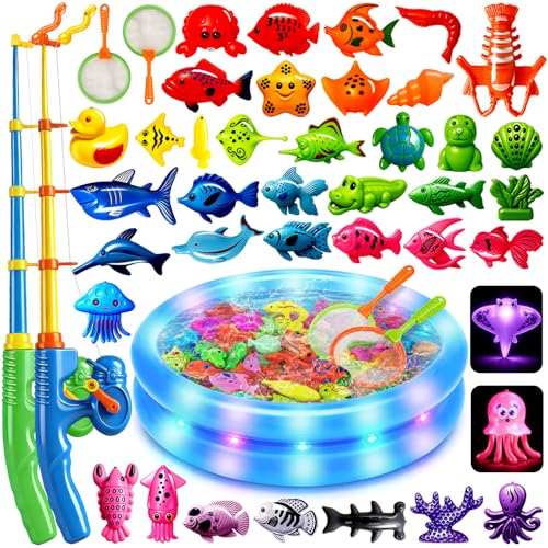 CozyBomB™ Magnetic Fishing Toys Game Set for Kids | Water Table Bathtub Kiddie Pool Party Pole Rod Net, Outdoor Plastic Floating Fish, Toddler Bath Color Ocean Sea Animals Birthday Gift Age 3-5 6 4-8 - size: 38 Fishes, style: 2 Players