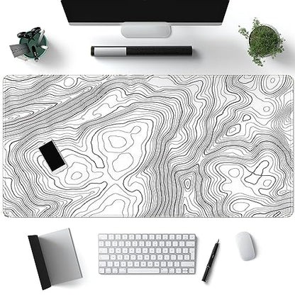 Desk Mat Large Gaming White Mouse Pad Minimalist Topographic Map Desk Mat Extended XL Mousepad 31.5x15.7 in Anti-Slip Desk Pad Keyboard Mousepad Stitched Edges Large Mouse Pad Grey - color: Grey