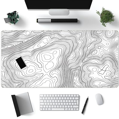 Desk Mat Large Gaming White Mouse Pad Minimalist Topographic Map Desk Mat Extended XL Mousepad 31.5x15.7 in Anti-Slip Desk Pad Keyboard Mousepad Stitched Edges Large Mouse Pad Grey - color: Grey