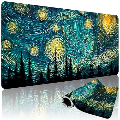 XXL Gaming Mouse Pad 35.4 x 15.7 Inch, Large Desk Mousepad with Starry Sky Design, Water-Resistant, Stitched Edges, Non-Slip Rubber Base Desk Mat - color: Starry Sky
