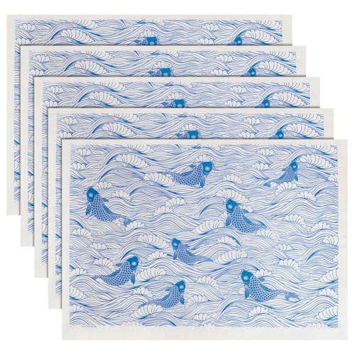 BENECREAT 5Pcs Fish Underglaze Transfer Paper, 20.5x14.6inch Koi Ceramic Decals, Porcelain Under Glaze Transfers for Enamel Decals DIY Handicraft Supplies Handcrafted Gifts - color: Blue Fish