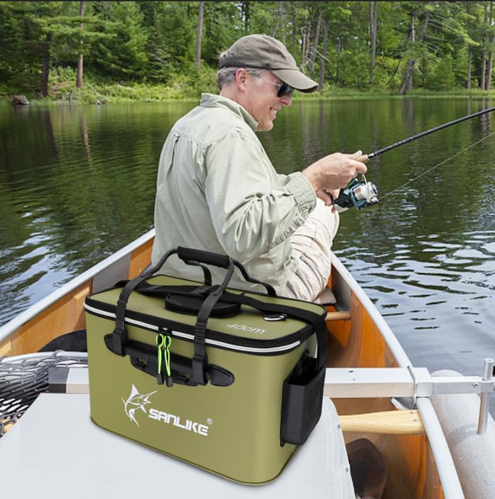 SANLIKE Foldable Live Fish Bucket, EVA Fishing Bait Bucket, 35/40/45CM Collapsible Fish Container, Leakproof Livewell for Kayak Boat Bank Fishing, Black/Army Green - color: Green-40cm