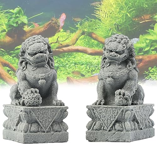 livelyfish Asian Fu Foo Dogs Statues Mini Pair of Two Guardian Lion Sandstone Figurine Pets Fish Tank Aquarium Landscape Ornaments Accessories Feng Shui Decorations (M2) - size: M2