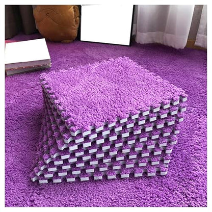 12 Pieces Thickened Plush Foam Interlocking Floor Mat,Fluffy Square Foam Tiles with 12 Edgings,Soft Anti-Slip Puzzle Area Rug Playmat for Bedroom,12X12inch,12 Tiles/11.6 Sq.Ft,Purple - color: Purple