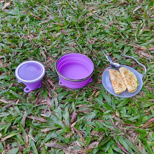 Mess Kit for Camping Silicone Collapsible Bowl Collapsible Cup and Stainless Steel Spoon for Backpacking Outdoor Hiking Traveling and Picnic - color: Purple