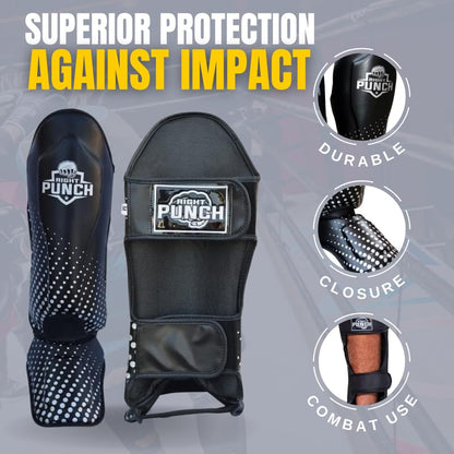 Shin Guards Kickboxing Leg Pads with Instep Protection, Muay Thai MMA Martial Arts Kicking Sparring Training Gear - color: Black & Silver, size: Medium