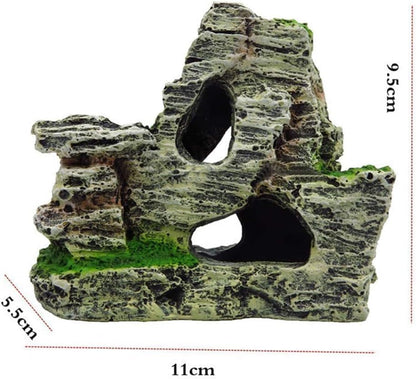 Resin Aquarium Mountain Decor with Moss Rock Cave - Multi-Level Terrain for Fish Tank Landscaping,Rock Hidden Cave and Crevices for Shrimp, Reptile Habitat