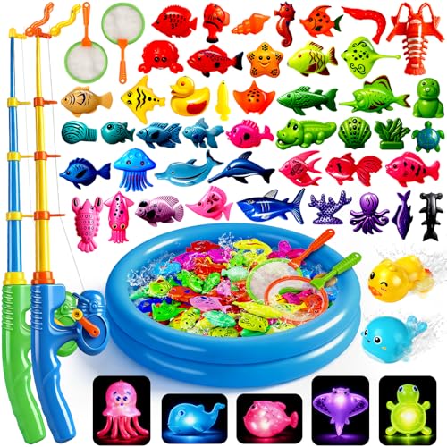 CozyBomB™ Magnetic Fishing Toys Game Set for Kids | Water Table Bathtub Kiddie Pool Party Pole Rod Net, Outdoor Plastic Floating Fish, Toddler Bath Color Ocean Sea Animals Birthday Gift Age 3-5 6 4-8 - size: 52 Fishes, style: 2 Players