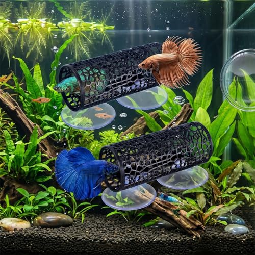 2 PCS Black Betta Fish Tank Accessories, Safe Aquarium Decoration, Betta Hollow Hammock Tunnel Cave with Suction Cups, Shrimp Hideout and Play Tube for Small Fish Shrimp Guppies