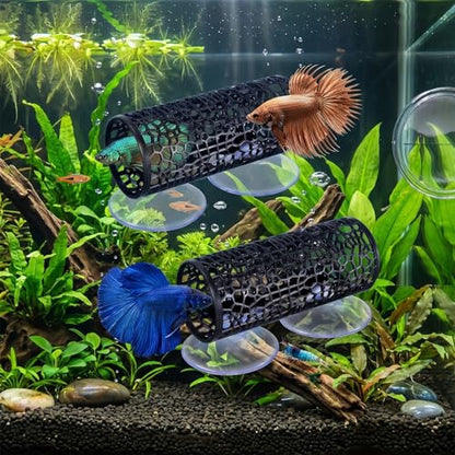 2 PCS Black Betta Fish Tank Accessories, Safe Aquarium Decoration, Betta Hollow Hammock Tunnel Cave with Suction Cups, Shrimp Hideout and Play Tube for Small Fish Shrimp Guppies