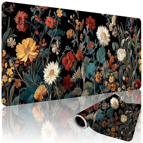 XXL Gaming Mouse Pad 35.4 x 15.7 Inch, Large Floral Desk Mousepad with Vintage Botanical Design, Water-Resistant, Stitched Edges, Non-Slip Rubber Base Desk Mat for Gaming & Office - color: Vintage Flower