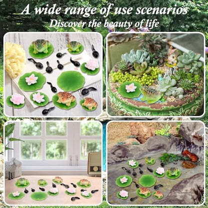 30 Pcs Mini Resin Pond Accessories Miniature Floating Lotus Water Lily Pads Tiny Frog Tadpole Figurines for Aquarium Fairy Garden Bonsai Pond Pool Home Outdoor Water Decor DIY Crafts