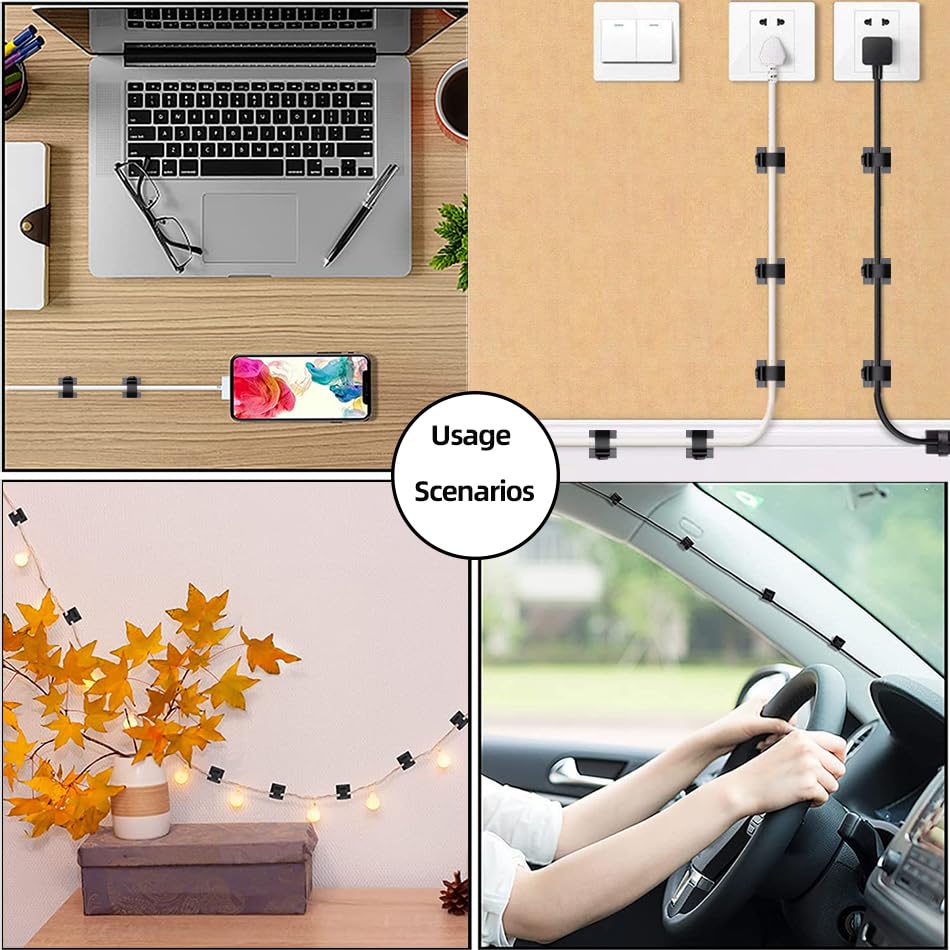 100 PCS Cable Clips Cord Organizer (Small, Medium,Large),Wire Holder for Cable Management, Outdoor Light Clips Light Hooks for LED String,Car Dash Cam, Extension Cord (Clear)