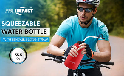 Squeezable Water Bottle Bendable Long Straw - LDPE BPA Free Plastic - Hydration for Baseball Hockey Gym MMA Yoga Boxing Cycling Softball Football Lacrosse (35.5 Oz.) - style: Orange American Flag