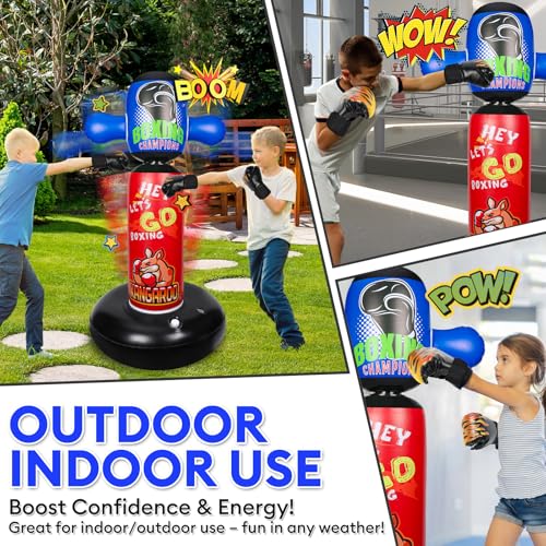 Punching Bag for Kids with 360° Rotating Head, Hyperzoo 63" Heavy-Duty Inflatable Boxing Bag with Glove, Freestanding Punching Bag Toy for Boys & Girls Ages 5–12 – Great - style: Kangaroo