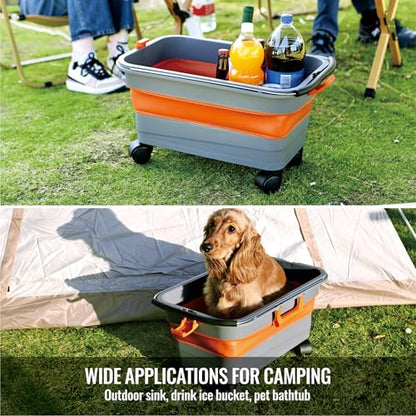 Glide CB 55 Collapsible Bucket 5.5 Gallon for Car Washing with Wheels, Handle, Drain Plug and Water Outlet, Foldable Multi-Use for Mop Cleaning, Camping, RV, Pet Bathing and Laundry