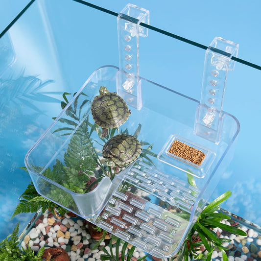 Forher Suction Cup Suspended Turtle Platform with Adjustable, guardrail and Tilted Acrylic Transparent Cradle Platform, Suitable for Decorating Water Tank Accessories (Suspended) - style: Suspended