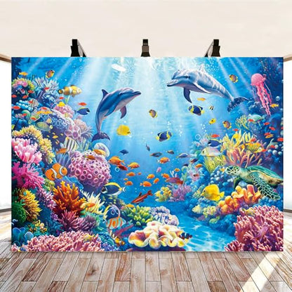 8x6ft Under The Sea Backdrop Underwater World Coral Reef Photography Background for Ocean Theme Birthday Baby Shower Party Decorations (8x6FT（240x180cm）) - size: 8x6FT（240x180cm）