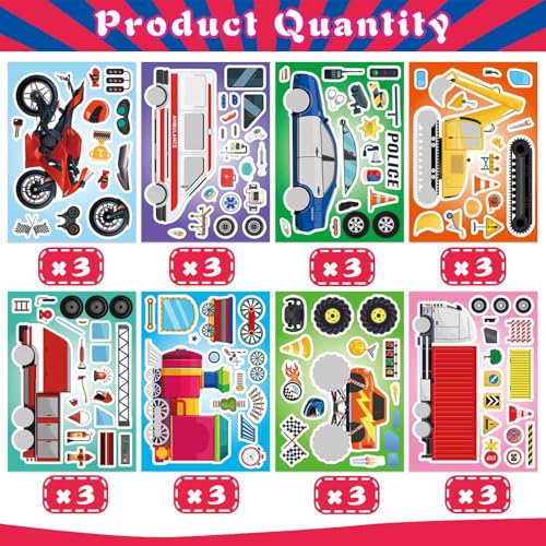 DUJAA 24 Sheets Vehicle Stickers for Kids, Make Your Own Police Car, Ambulance, Truck, Train, Motorcycles Engineering Vehicle Stickers for Toddlers, Brithday Party Supplies Classroom Teacher Reward - style: Vehicle
