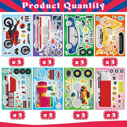 DUJAA 24 Sheets Vehicle Stickers for Kids, Make Your Own Police Car, Ambulance, Truck, Train, Motorcycles Engineering Vehicle Stickers for Toddlers, Brithday Party Supplies Classroom Teacher Reward - style: Vehicle