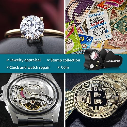 JARLINK 30X 60X Illuminated Jewelers Loupe Magnifier, Foldable Jewelry Magnifier with Bright LED Light for Gems, Jewelry, Coins, Stamps, etc - color: Black