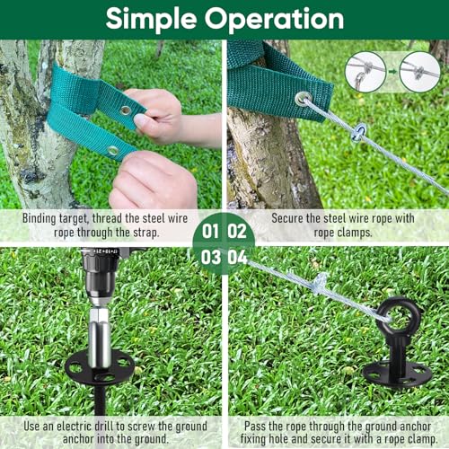 Garden Stakes 18" Heavy Duty Tree Stakes Ground Anchors with Straps & Steel Cable - Screw in Spiral Earth Anchors for Plant Support, Shed, Trampoline, Swing Set - Secure Against High Winds (6)