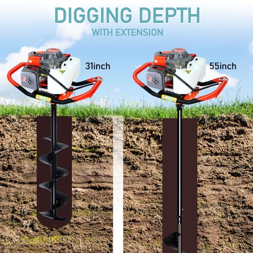 72cc Post Hole Digger, Gas Powered Post Hole Digger, Earth Auger Digger with 3 Drill Bit 4" & 8" & 12" and 2 Extension Rods 24" 24" for Planting Fence Farmland Garden & Plant, 2200W - size: 72cc