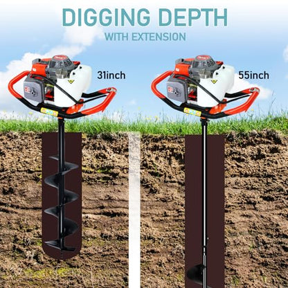 72cc Post Hole Digger, Gas Powered Post Hole Digger, Earth Auger Digger with 3 Drill Bit 4" & 8" & 12" and 2 Extension Rods 24" 24" for Planting Fence Farmland Garden & Plant, 2200W - size: 72cc