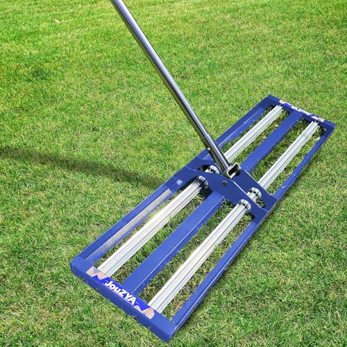 Updated Lawn Leveling Rake 30"x10", Lawn Leveler with Aluminum Rollers, Yard Leveling Rake Stainless Steel with 27-80" Adjustable Handle, Heavy-Duty Lawn Rake Suit for Garden, Golf Lawn, Farm, Blue