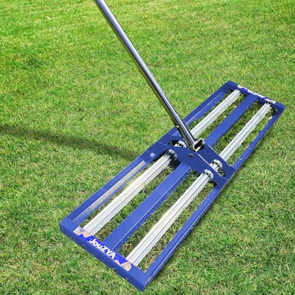 Updated Lawn Leveling Rake 30"x10", Lawn Leveler with Aluminum Rollers, Yard Leveling Rake Stainless Steel with 27-80" Adjustable Handle, Heavy-Duty Lawn Rake Suit for Garden, Golf Lawn, Farm, Blue