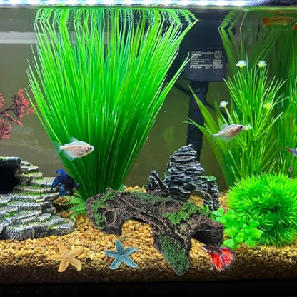 Starfish and Resin Hollow Tree Trunk Fish Tank Decorations, Betta Fish Tank Accessories, Aquarium Arnaments Hollow Tree x 1pc, Fish Aquarium Decorations Starfish x 2pcs(Blue and Yellow)