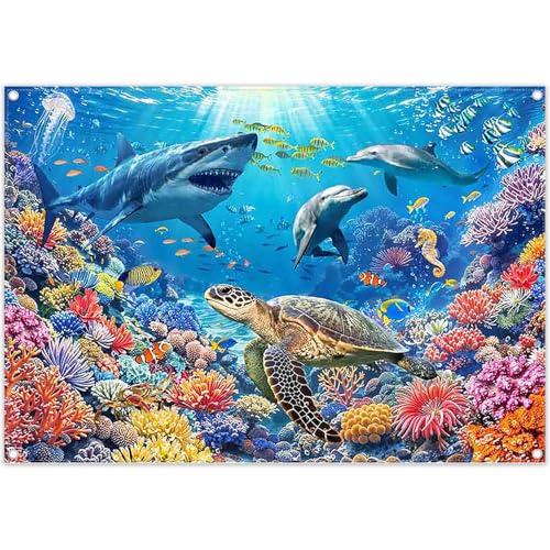 Fabric 7x5ft Under the Sea Backdrop Shark Tropical Ocean Water Underwater World Animals Dolphin Turtle Photography Background Aquarium Coral Party Decorations Photo Props