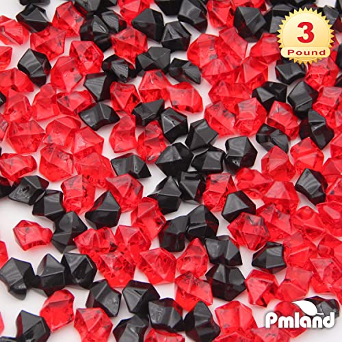 Clear Fake Ice Rocks – 550 Pcs Large Acrylic Gems Crushed Plastic Diamonds, Black & Red (3Lbs/2.25 Quarts) – Bulk Vase Filler for Centerpieces Theme Décor Aquarium Table Scatter