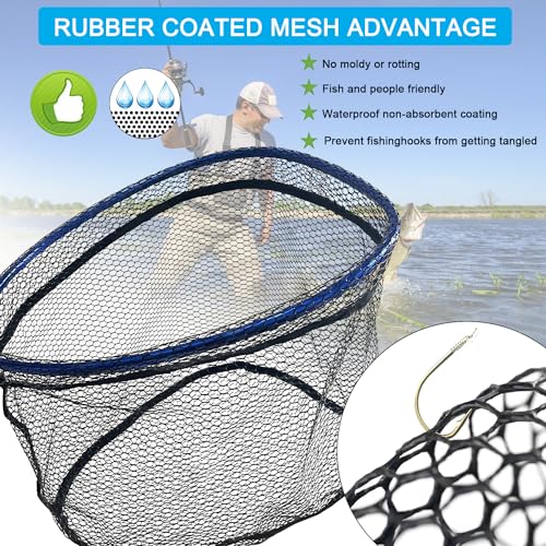 LBW Collapsible Fishing Net with Handle, Folding Kayak Net for Freshwater or Saltwater, Trout Catfish Bass Compact Rubber Landing Net - color: No Telescopic Pole