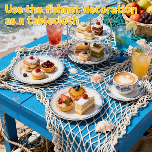 2 Pcs Fish Net Decorations, 39x78 Inch Cotton Nautical Themed Fishing Net, Wall Hanging Photo Display Fishnet for Coastal Bedroom Bathroom, Pirate Hawaiian Beach Under The Sea Party Decor, Sea Blue