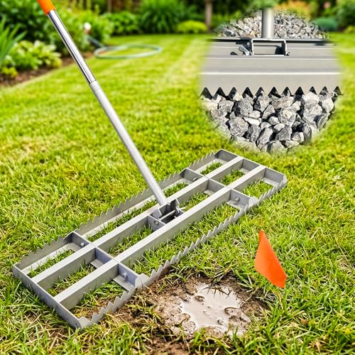 Lawn Leveling Rake, 2-in-1 Double-Sided Landscape Leveler with 20 Marking Flags for Low Spot, 30"×10" Heavy Duty Stainless Steel Flat & Serrated Side for Soil Sand Gravel, Yard Garden Golf Course