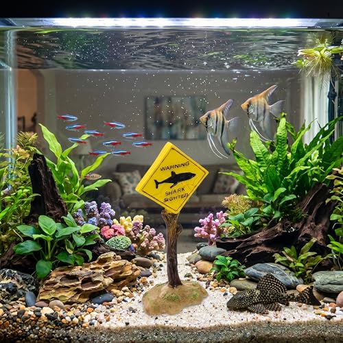 GLOGLOW Aquarium Decor Warning Sign, Resin Shark Warning Sign Ornaments for Fish Aquatic Plants Accessories Theme Decorations 5.7x2.2x1.4in