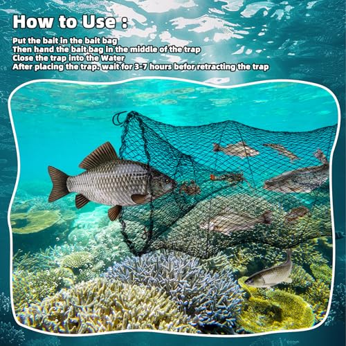 3 Pcs Foldable Fishing Net Accessories for Crab Crayfish Shrimp:Fishing Landing Net with Telescoping Pole Handle, Collapsible Crab Trap Hexagon and 2 Ropes