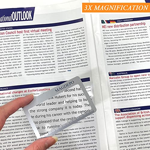 MAGDEPO 3X Page Magnifying Lens 8.6" x 6" Flexible Plastic Measuring Full Fresnel Sheet Ultra-Thin for Reading Book, The Bible, Map, Newspaper, Science, Hobbies with Card Size Magnifier