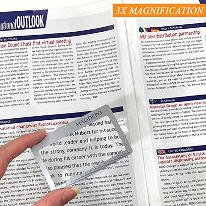 MAGDEPO 3X Page Magnifying Lens 8.6" x 6" Flexible Plastic Measuring Full Fresnel Sheet Ultra-Thin for Reading Book, The Bible, Map, Newspaper, Science, Hobbies with Card Size Magnifier