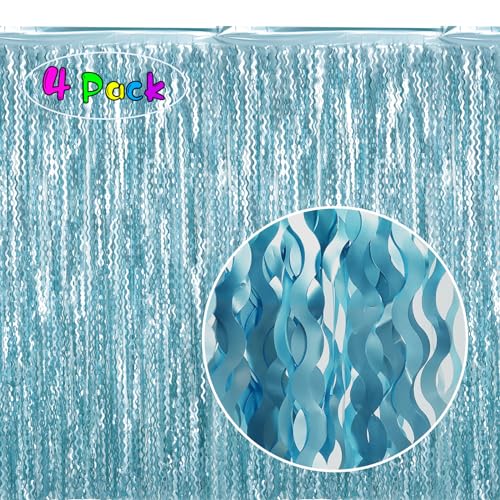 4 Pack Wavy Blue Foil Fringe Curtain 3.3x6.6 Feet | Blue Streamers Tinsel Backdrop for Under The Sea Party Decorations | Ocean Backdrop | Mermaid Birthday Decorations
