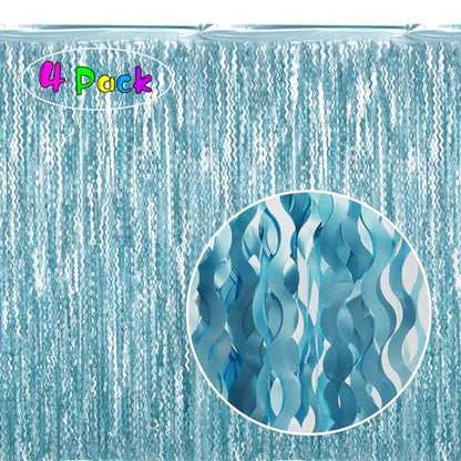 4 Pack Wavy Blue Foil Fringe Curtain 3.3x6.6 Feet | Blue Streamers Tinsel Backdrop for Under The Sea Party Decorations | Ocean Backdrop | Mermaid Birthday Decorations