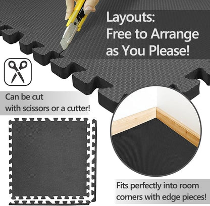 BODYTECH Interlocking EVA Soft Foam & Rubber Floor Mats 18"x18"x1/2", 32 Tiles(72 sqft), Black - Ideal for Home Gym, Kids Playroom, Workout & Pool | Shock - Absorbent, Waterproof Black