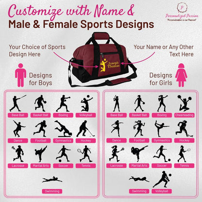 Personalized Passion 14” Small Sports Duffel Bags for Kids - Waterproof Travel Duffle with Name & Football Design - Black Two-Toned Kids Weekender Bag for Boys and Girls - color: Black, style: Football