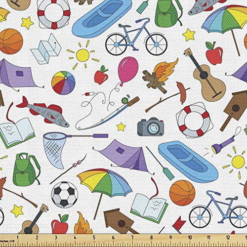 Lunarable Happy Camper Fabric by The Yard, Summer Season Vacation Themed Colorful Elements Ball Bicycle Raft and Oars, Decorative Fabric for Upholstery and Home Accents, 2 Yards, Multicolor - color: Multicolor, size: Upholstery Fabric 2 yards
