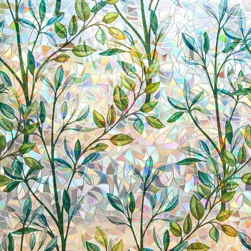 Finnez Window Privacy Film 3D Static Cling Window Film, No Glue Heat Control & 96% UV Blocking for Home Office, Decorative Frosted Glass Cover 11.8 Inch x 13.1 Feet - color: Foliage, size: 11.8 Inch x 13.1 Feet