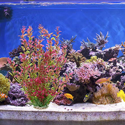 18 Inch Artificial Aquarium Plants, Red Rhodo Plastic Fish Tank Decorations, Safe for Freshwater & Saltwater, Non-Toxic Stone Base Ornament for Betta Fish Tank