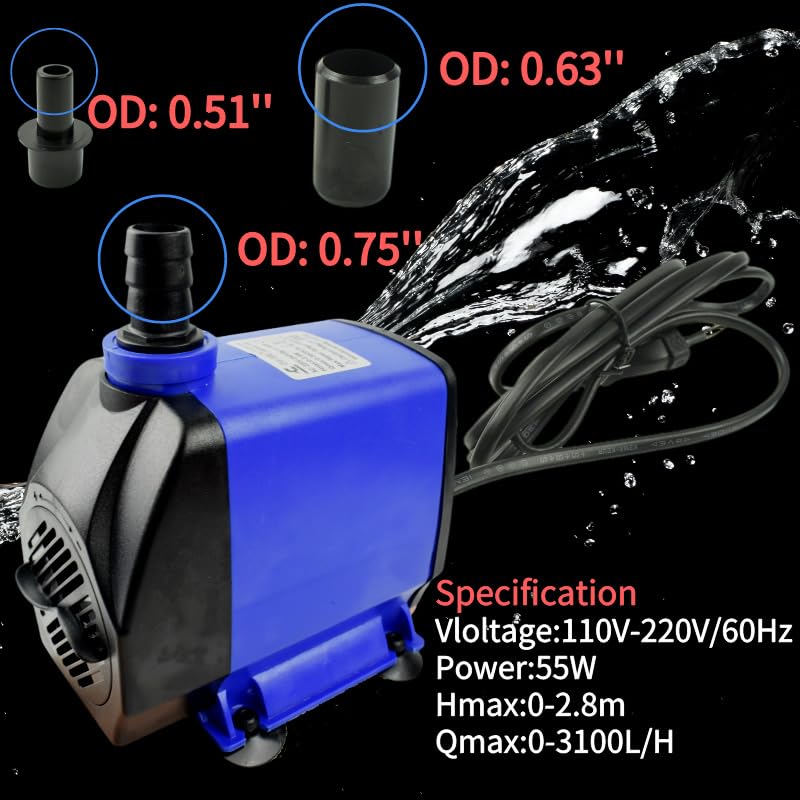 Conquerall CHA-2800 800GPH 3100L/H AC 110V Submersible Pump 55W Adjustable High-Flow Water Pump for Aquariums, Hydroponic Systems, Waterfalls, Ponds, Soilless Plants and Pet Fountains - size: 800GPH-55W