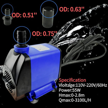 Conquerall CHA-2800 800GPH 3100L/H AC 110V Submersible Pump 55W Adjustable High-Flow Water Pump for Aquariums, Hydroponic Systems, Waterfalls, Ponds, Soilless Plants and Pet Fountains - size: 800GPH-55W