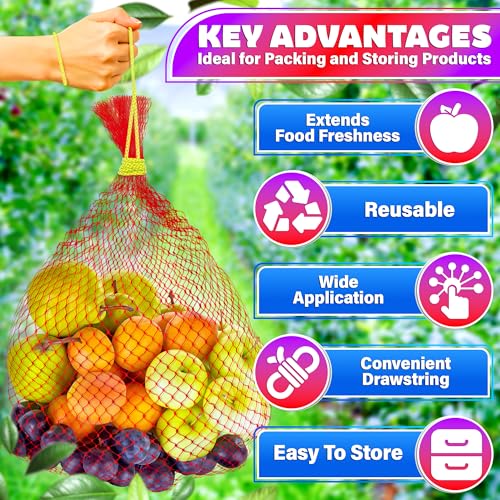 100 Pieces Reusable Nylon Mesh Net - Fruit and Vegetable Storage 24"L - Seafood Boil Bags Red Mesh Net Bag Small Netting for Produce Ideal for Onion Potato Garlic Storage Shellfish Crab Crawfish Sacks